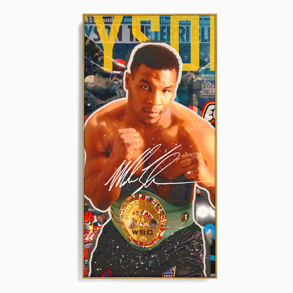Tablou canvas cu tablou canvas cu boxerul mike tyson, in rama de aluminiu auriu