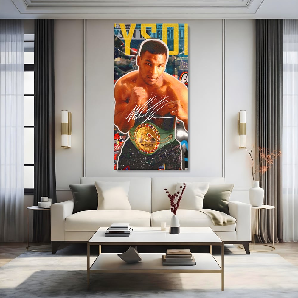 Tablou canvas cu tablou canvas cu boxerul mike tyson, fara rama, pe sasiu de lemn, pe perete intr-un living
