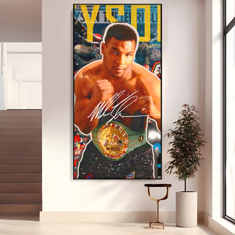 Tablou canvas cu tablou canvas cu boxerul mike tyson, in rama de aluminiu negru