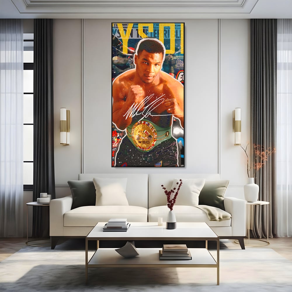Tablou canvas cu tablou canvas cu boxerul mike tyson, in rama de aluminiu negru, pe perete intr-un living