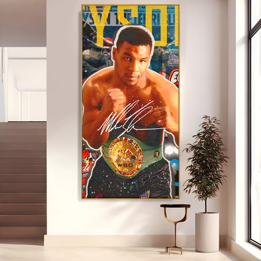 Tablou canvas cu tablou canvas cu boxerul mike tyson, in rama de aluminiu auriu