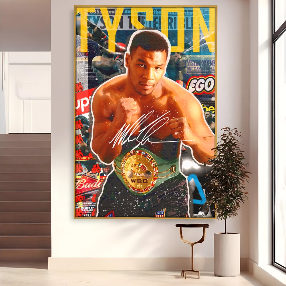 Tablou canvas cu tablou canvas cu boxerul mike tyson, in rama de aluminiu auriu