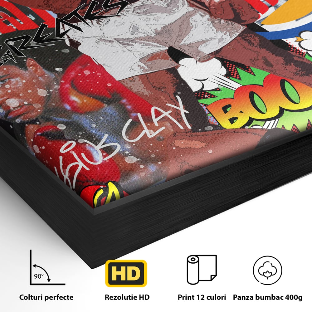 Detaliu al suprafetei: tablou canvas cu muhammad ali in box, in rama de aluminiu negru