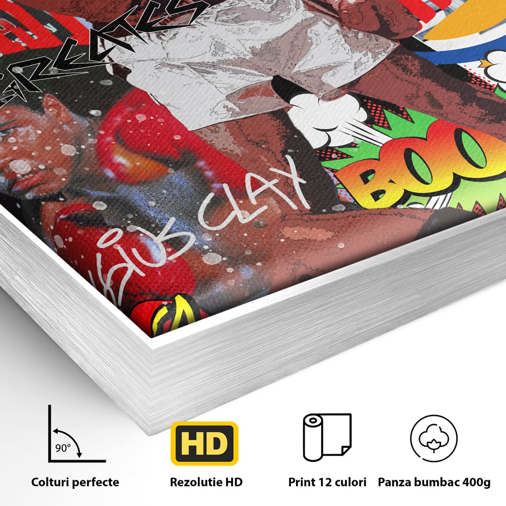 Detaliu al suprafetei: tablou canvas cu muhammad ali in box, in rama de aluminiu argintiu