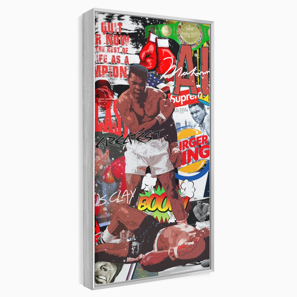 Tablou canvas cu tablou canvas cu muhammad ali in box, in rama de aluminiu argintiu