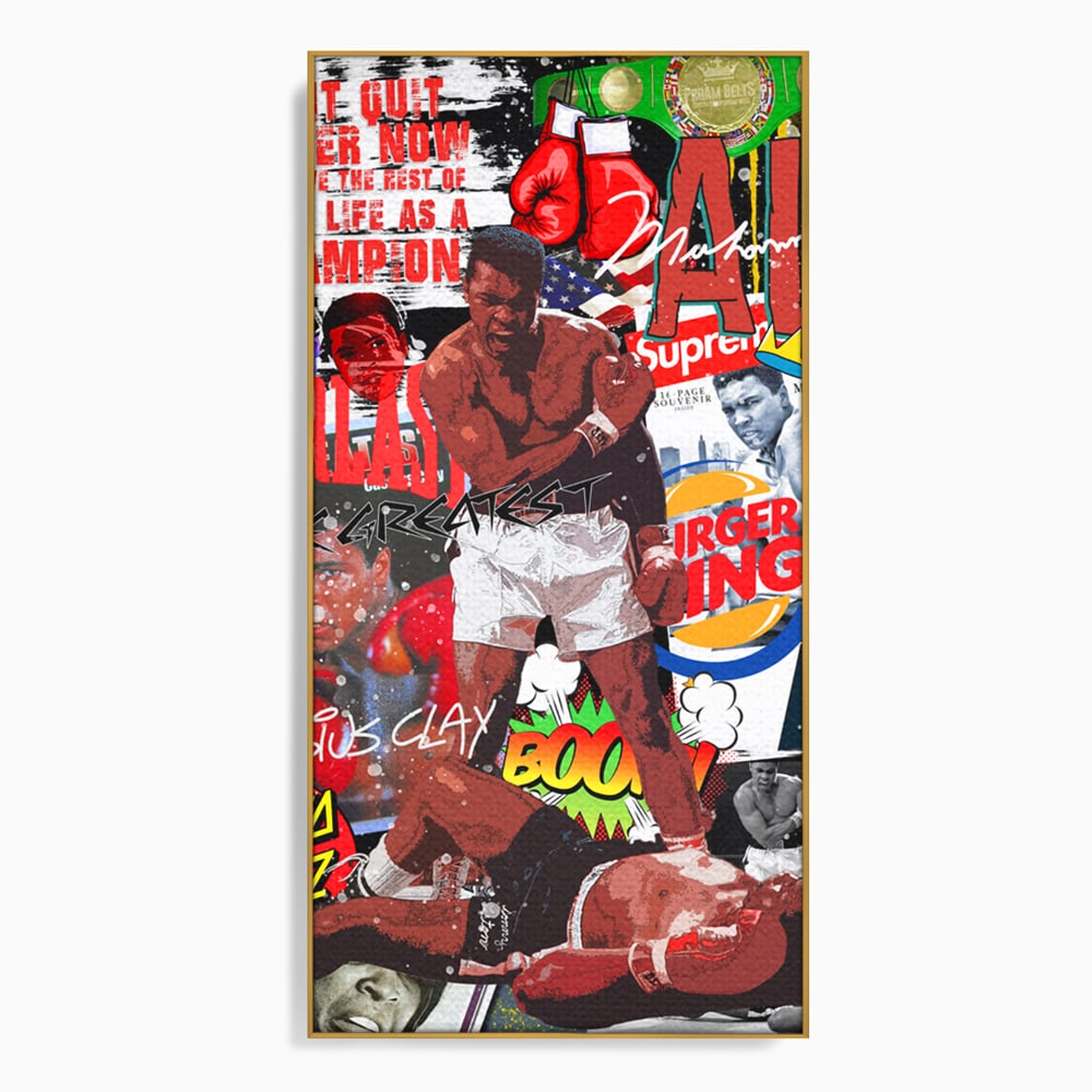 Tablou canvas cu tablou canvas cu muhammad ali in box, in rama de aluminiu auriu