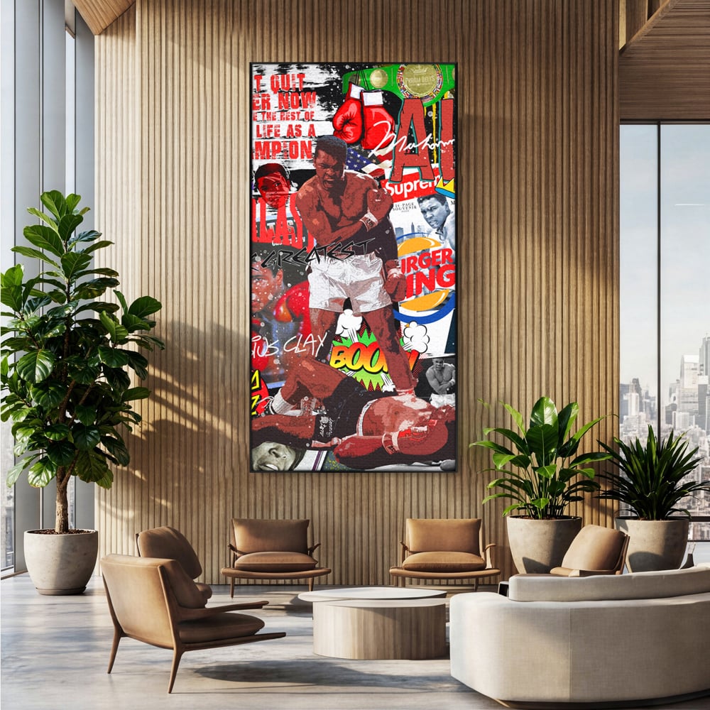 Tablou canvas cu tablou canvas cu muhammad ali in box, in rama de aluminiu negru, pe perete intr-un birou