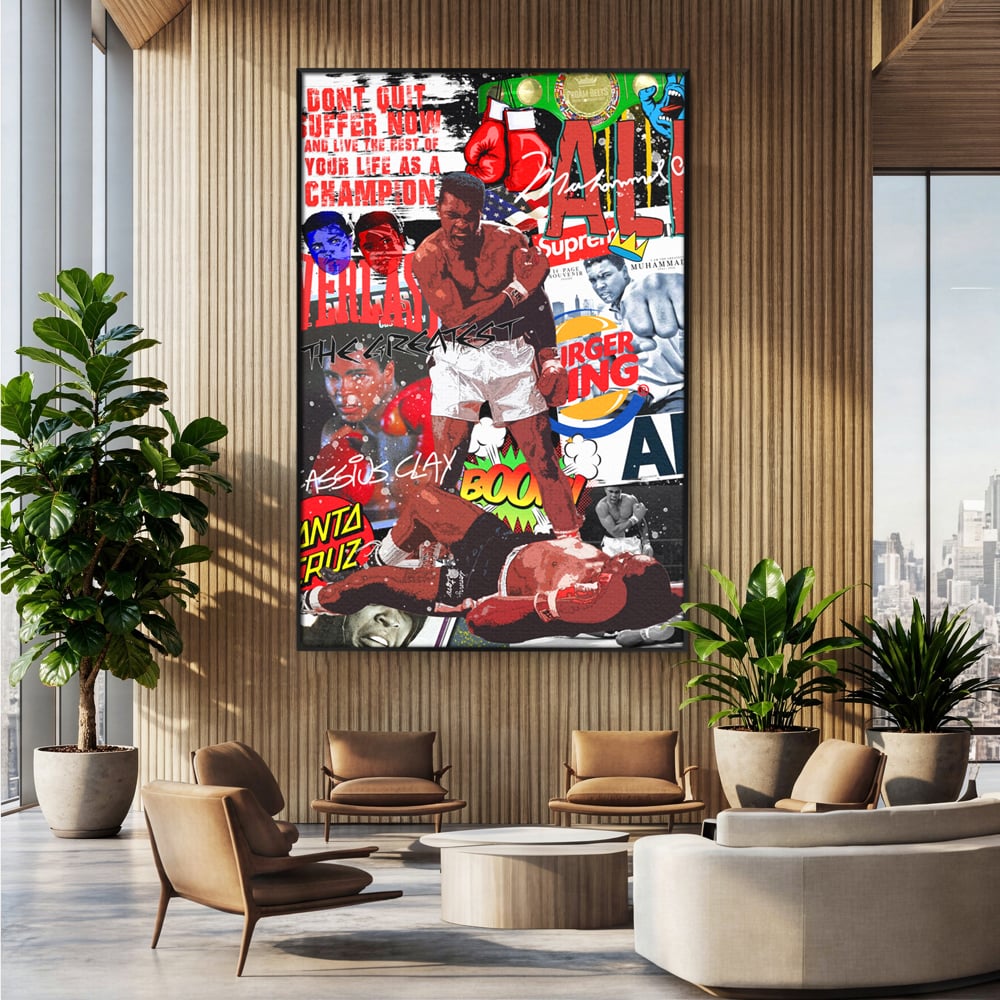 Tablou canvas cu tablou canvas cu muhammad ali in box, in rama de aluminiu negru, pe perete intr-un birou