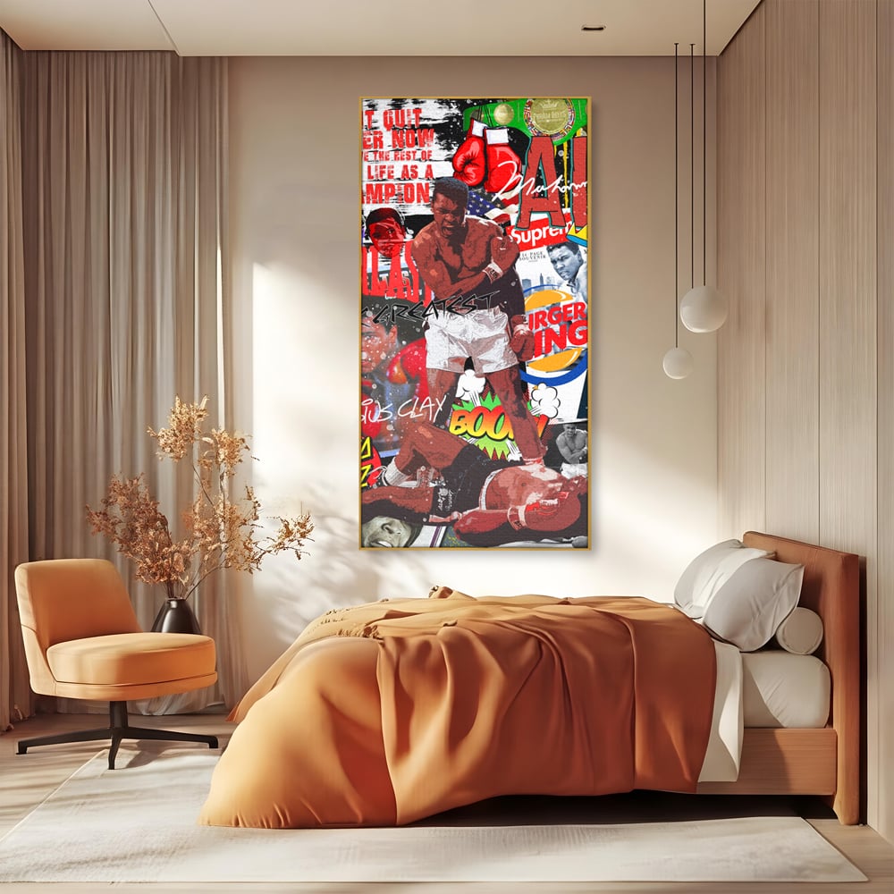 Tablou canvas cu tablou canvas cu muhammad ali in box, in rama de aluminiu auriu, pe perete intr-un dormitor