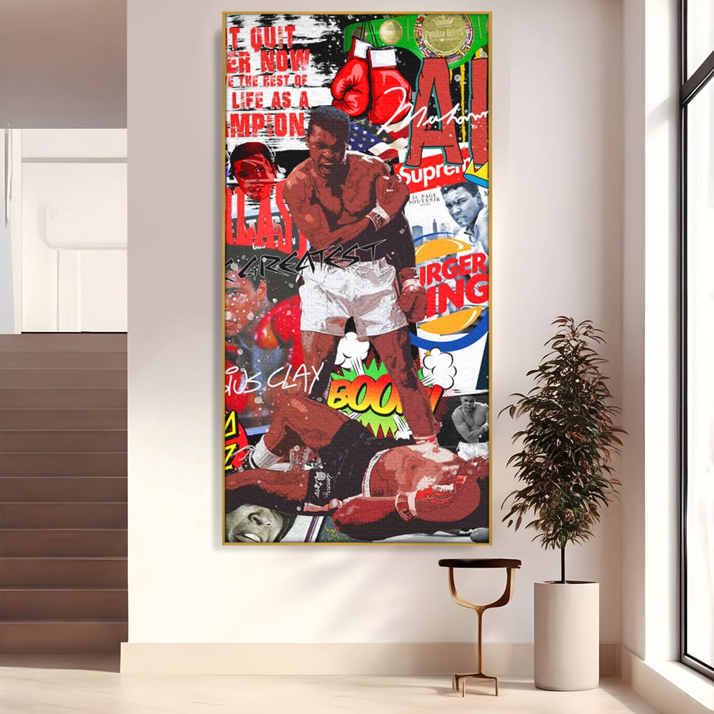 Tablou canvas cu tablou canvas cu muhammad ali in box, in rama de aluminiu auriu