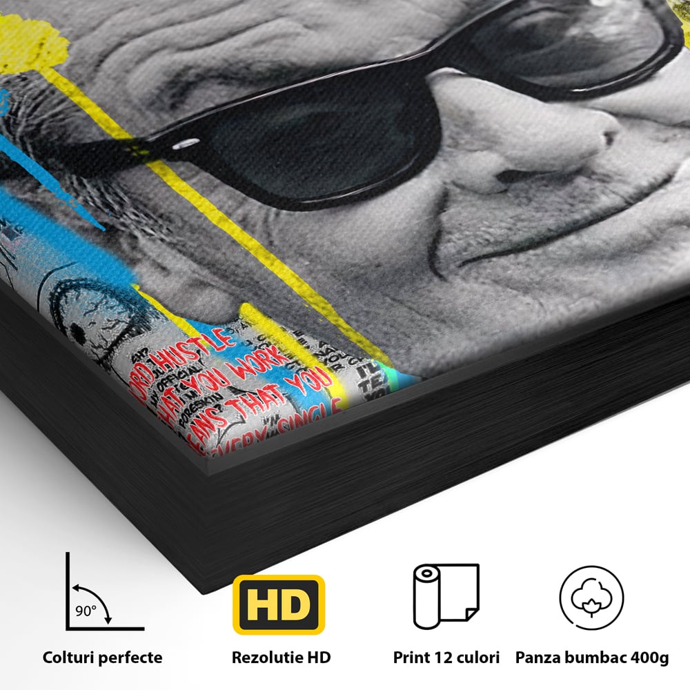 Detaliu al suprafetei: tablou portret jack nicholson cu ochelari si tigara, in rama de aluminiu negru
