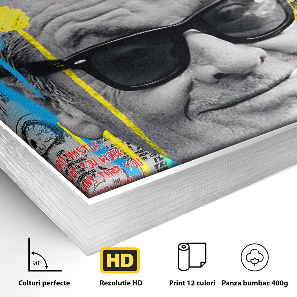Detaliu al suprafetei: tablou portret jack nicholson cu ochelari si tigara, in rama de aluminiu argintiu