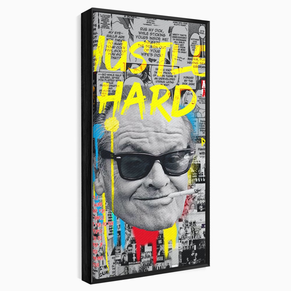 Tablou canvas cu tablou portret jack nicholson cu ochelari si tigara, in rama de aluminiu negru