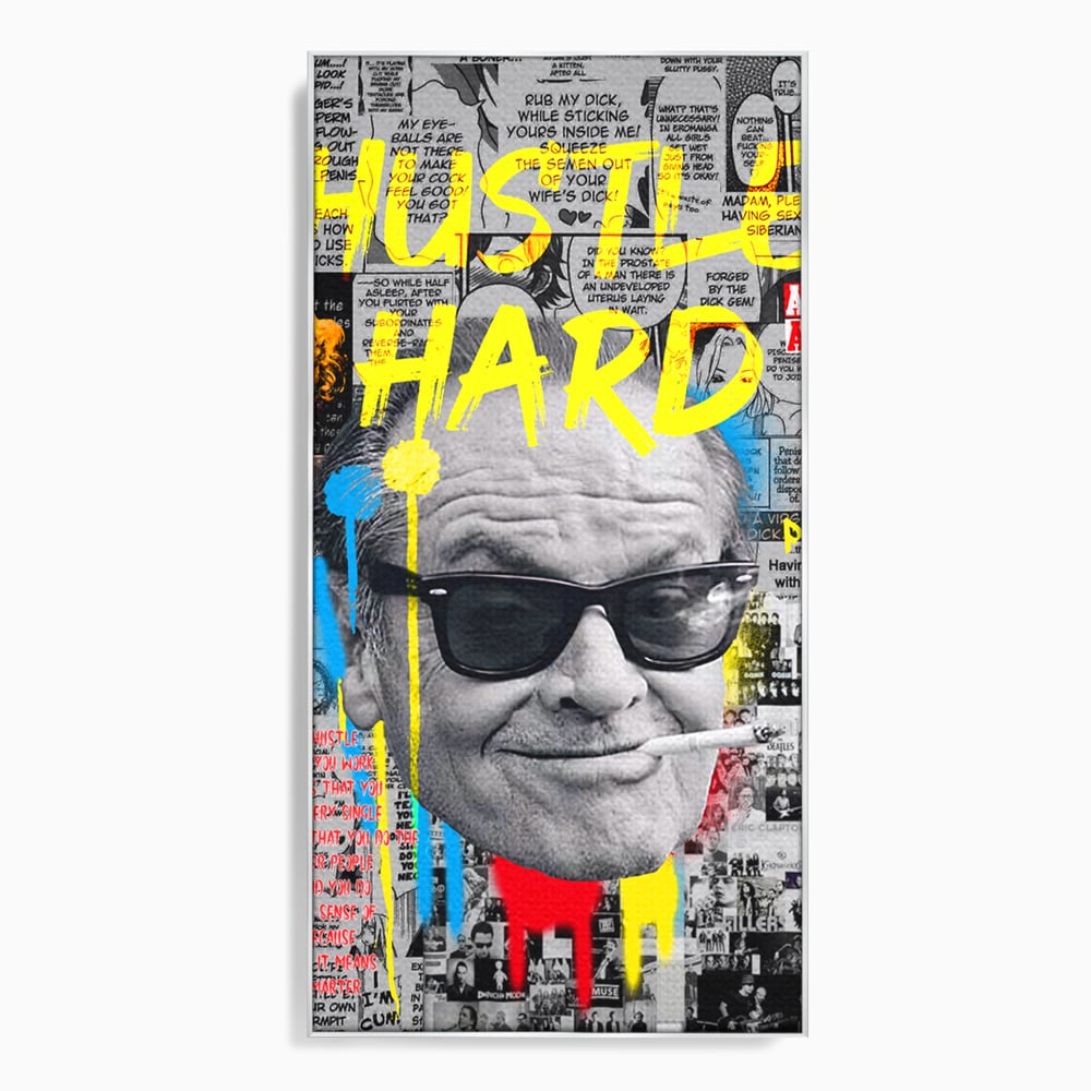 Tablou canvas cu tablou portret jack nicholson cu ochelari si tigara, in rama de aluminiu argintiu