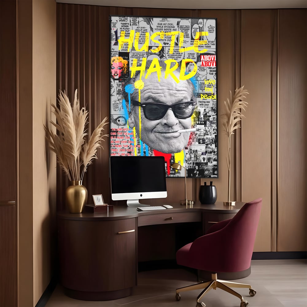 Tablou canvas cu tablou portret jack nicholson cu ochelari si tigara, in rama de aluminiu negru, pe perete intr-un birou
