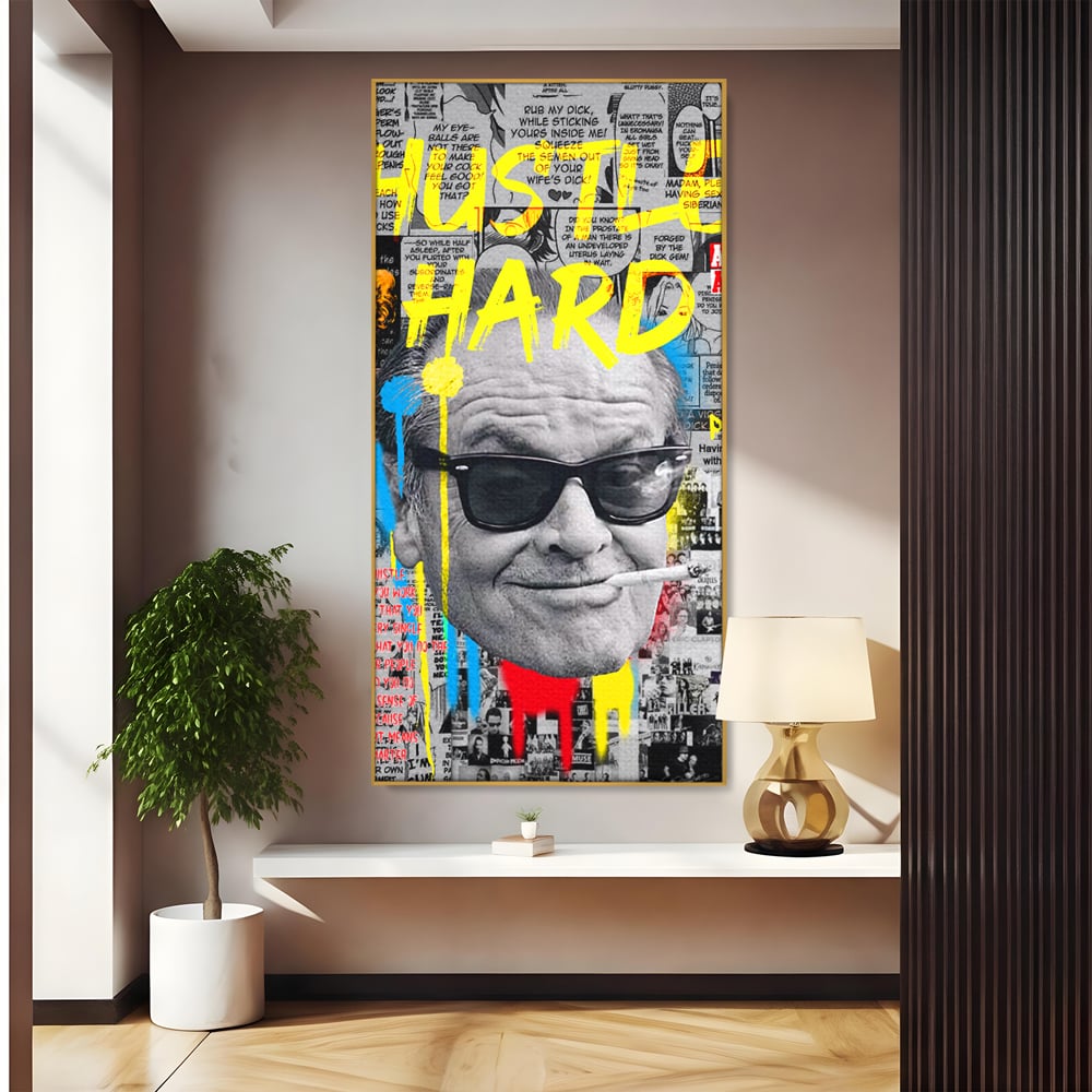 Tablou canvas cu tablou portret jack nicholson cu ochelari si tigara, in rama de aluminiu auriu