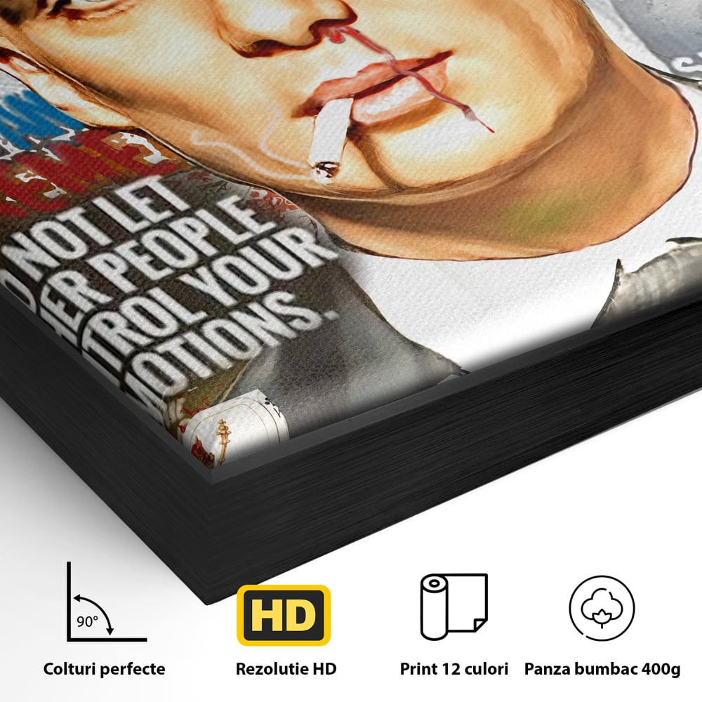 Detaliu al suprafetei: tablou canvas cu portretul lui tommy shelby, in rama de aluminiu negru