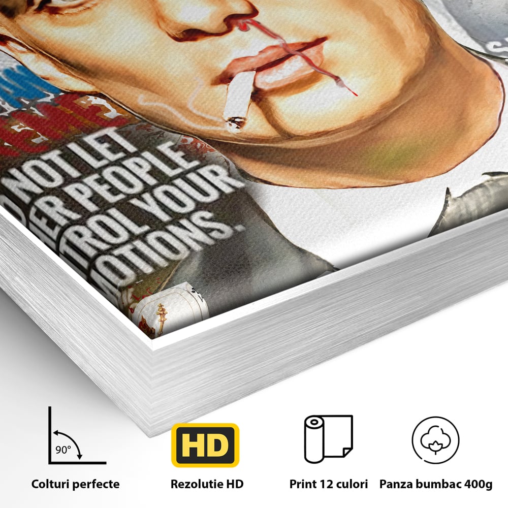 Detaliu al suprafetei: tablou canvas cu portretul lui tommy shelby, in rama de aluminiu argintiu