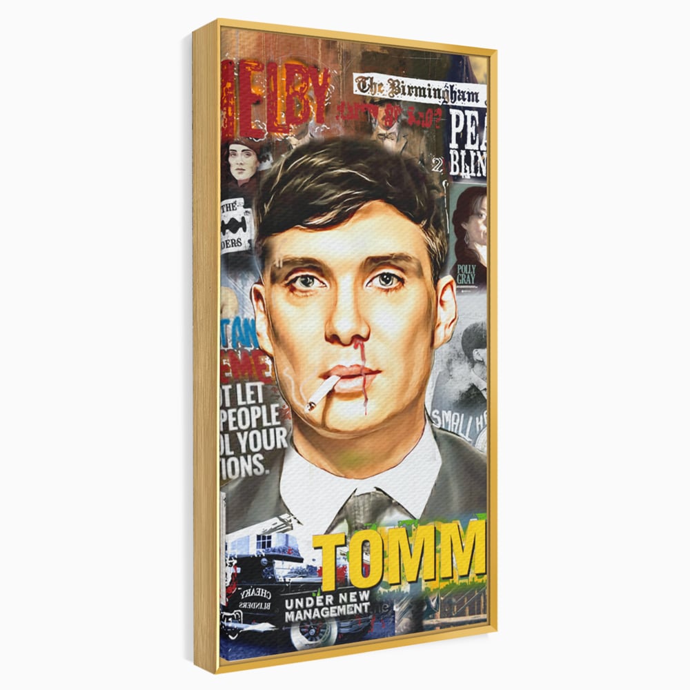 Tablou canvas cu tablou canvas cu portretul lui tommy shelby, in rama de aluminiu auriu