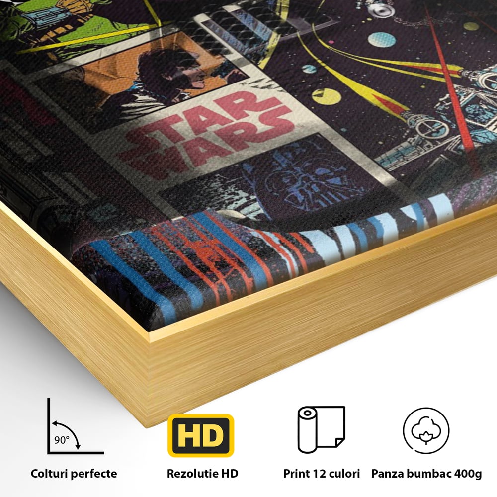 Detaliu al suprafetei: tablou canvas cu darth vader din star wars, in rama de aluminiu auriu