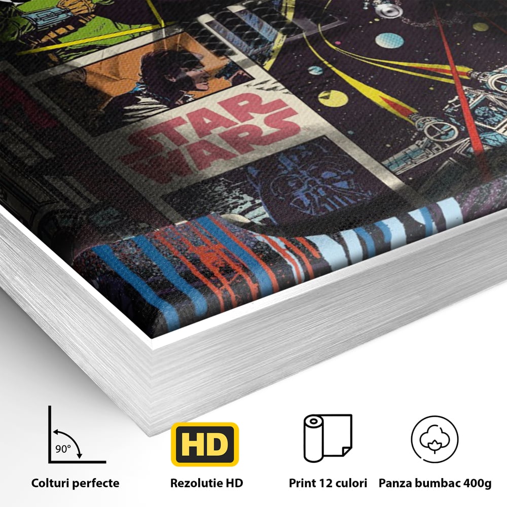 Detaliu al suprafetei: tablou canvas cu darth vader din star wars, in rama de aluminiu argintiu