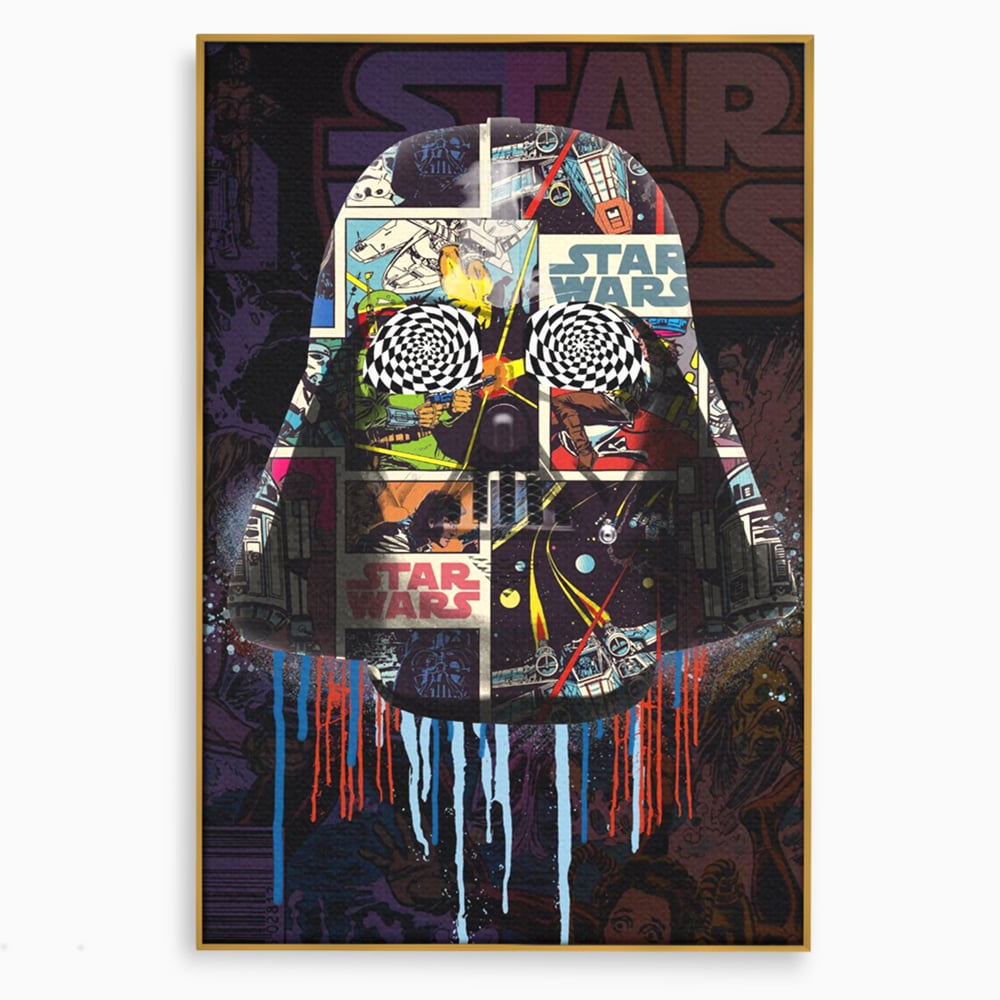 Tablou canvas cu tablou canvas cu darth vader din star wars, in rama de aluminiu auriu