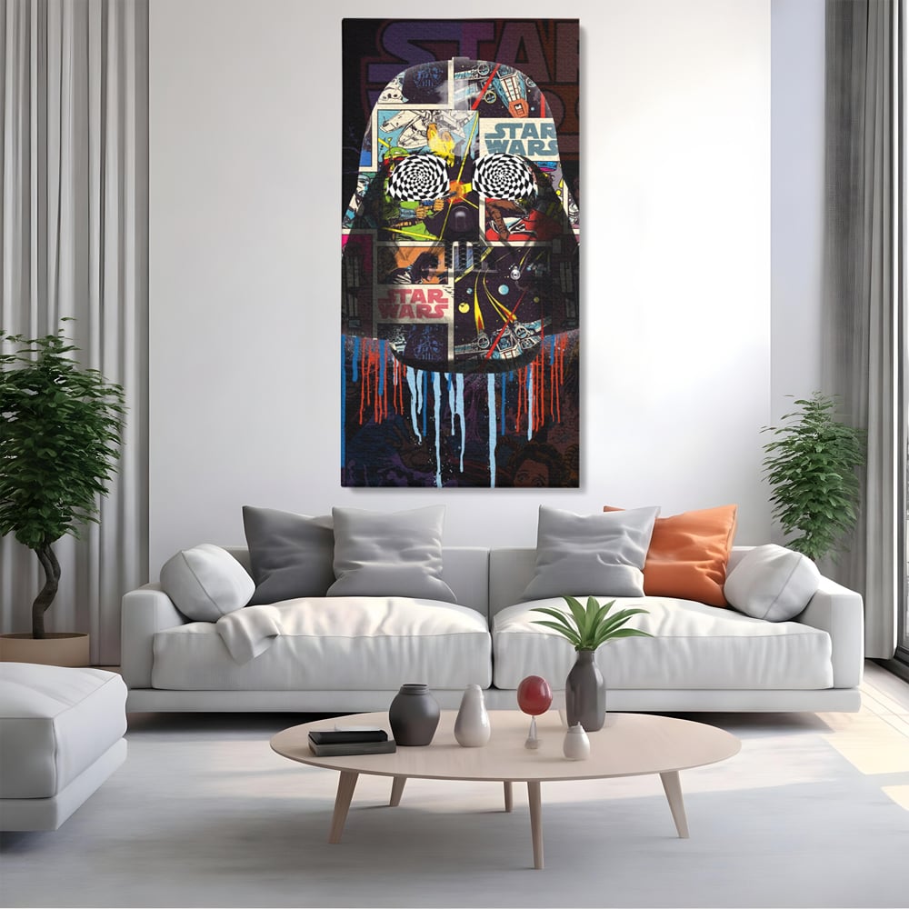 Tablou canvas cu tablou canvas cu darth vader din star wars, fara rama, pe sasiu de lemn, pe perete intr-un living