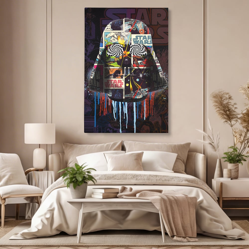 Tablou canvas cu tablou canvas cu darth vader din star wars, fara rama, pe sasiu de lemn, pe perete intr-un dormitor