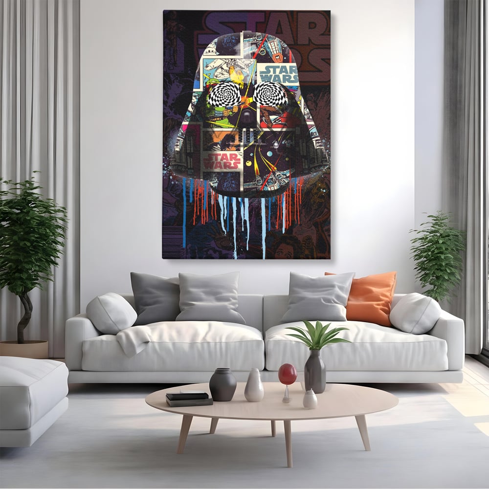 Tablou canvas cu tablou canvas cu darth vader din star wars, fara rama, pe sasiu de lemn, pe perete intr-un living