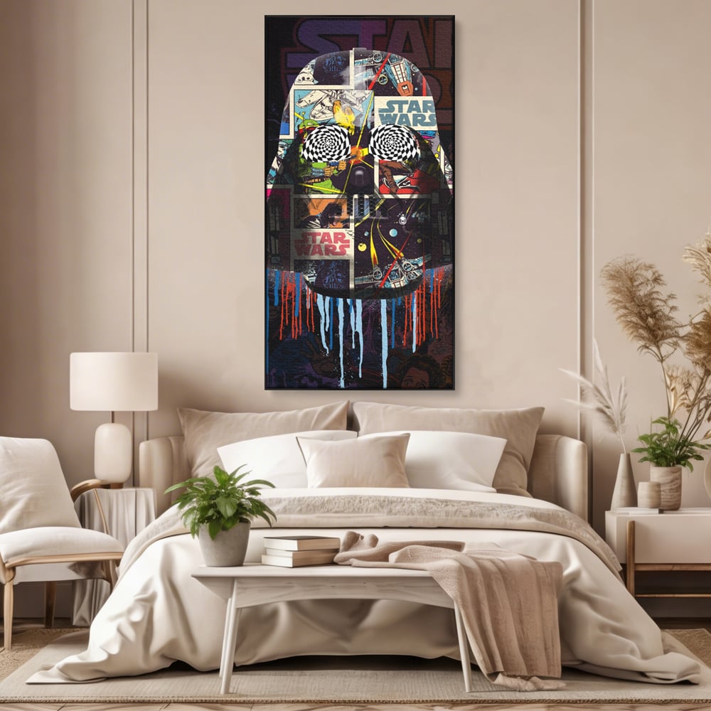 Tablou canvas cu tablou canvas cu darth vader din star wars, in rama de aluminiu negru, pe perete intr-un dormitor