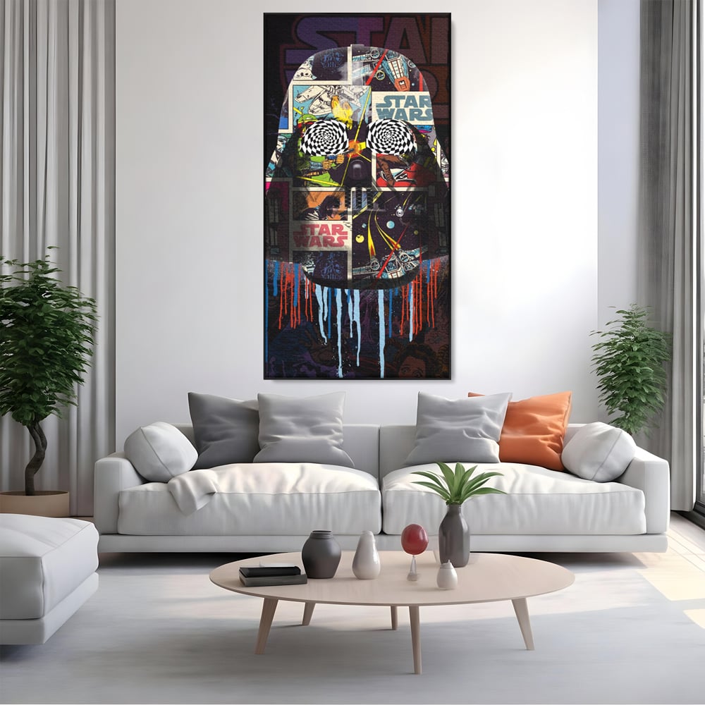 Tablou canvas cu tablou canvas cu darth vader din star wars, in rama de aluminiu negru, pe perete intr-un living