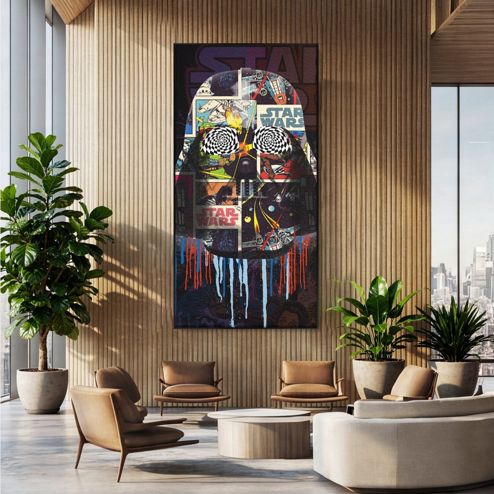 Tablou canvas cu tablou canvas cu darth vader din star wars, in rama de aluminiu negru, pe perete intr-un birou