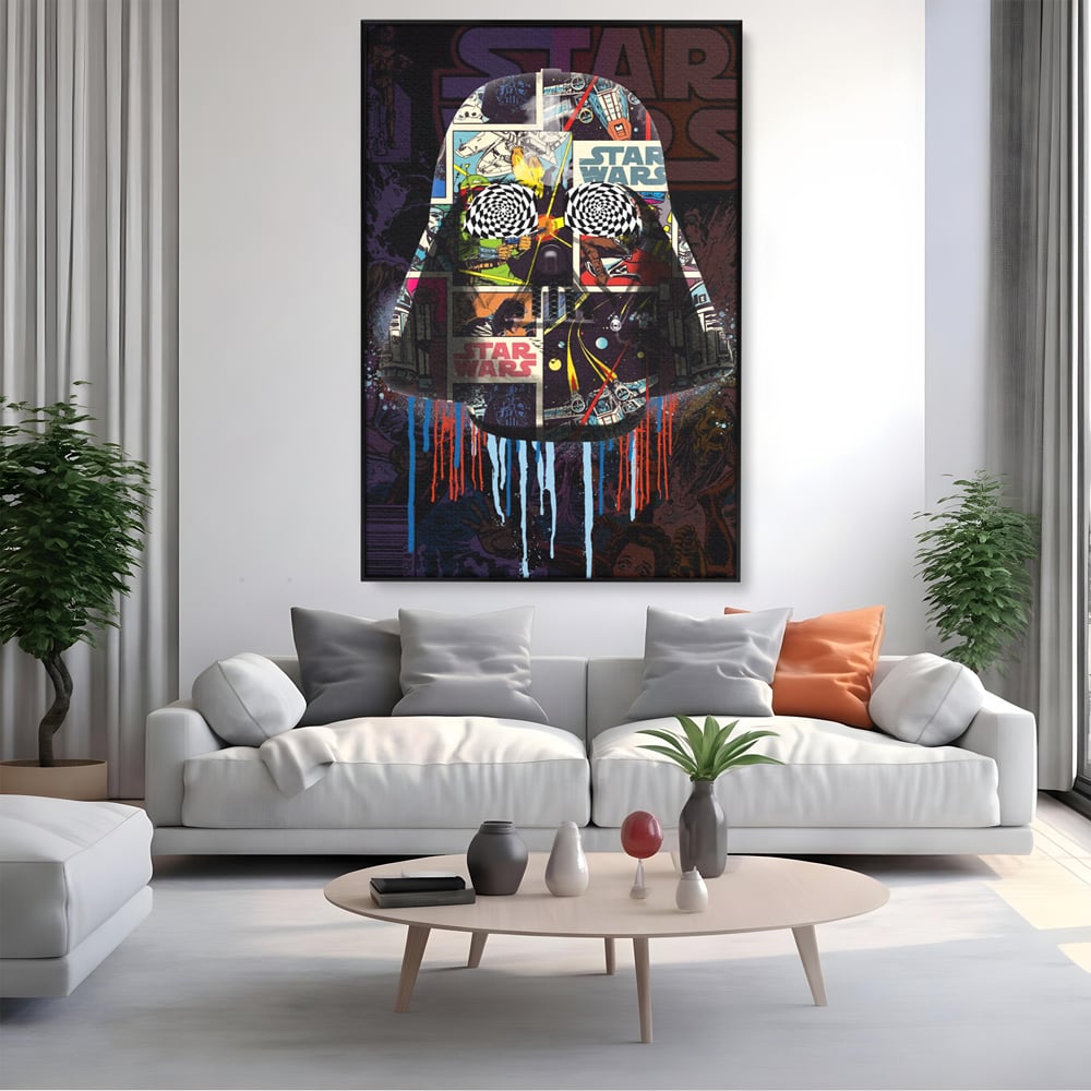 Tablou canvas cu tablou canvas cu darth vader din star wars, in rama de aluminiu negru, pe perete intr-un living