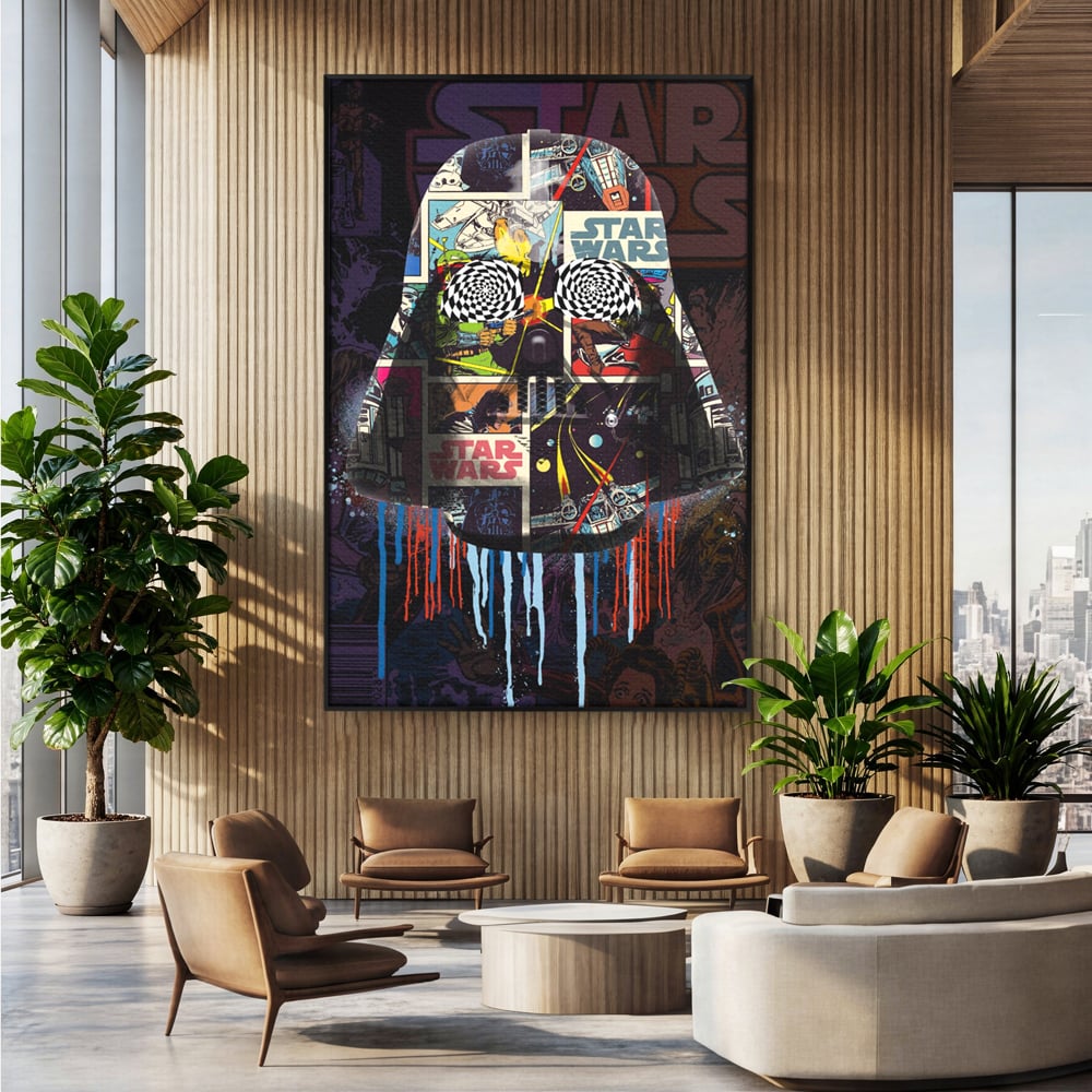 Tablou canvas cu tablou canvas cu darth vader din star wars, in rama de aluminiu negru, pe perete intr-un birou