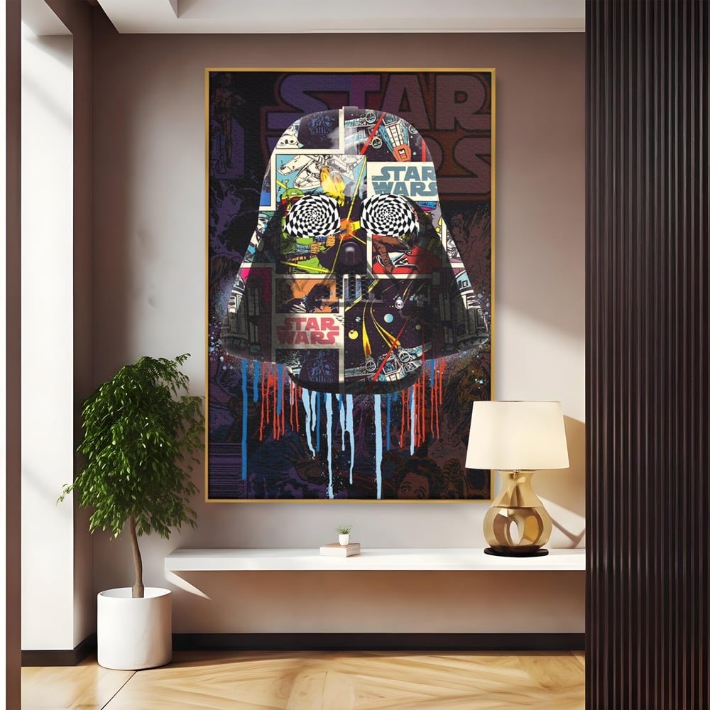 Tablou canvas cu tablou canvas cu darth vader din star wars, in rama de aluminiu auriu
