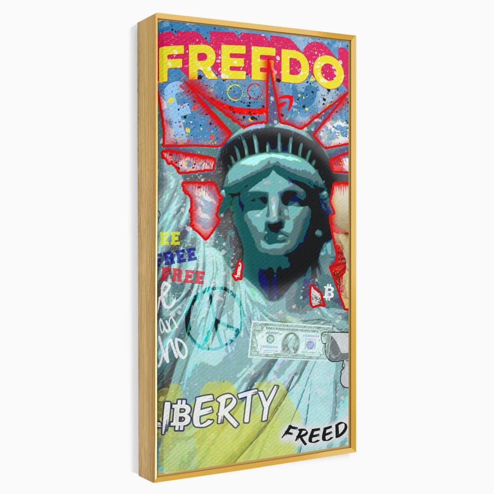 Tablou canvas cu tablou canvas cu statuia libertatii si graffiti, in rama de aluminiu auriu