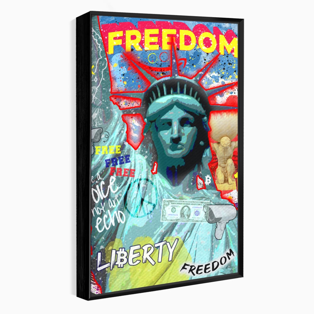 Tablou canvas cu tablou canvas cu statuia libertatii si graffiti, in rama de aluminiu negru