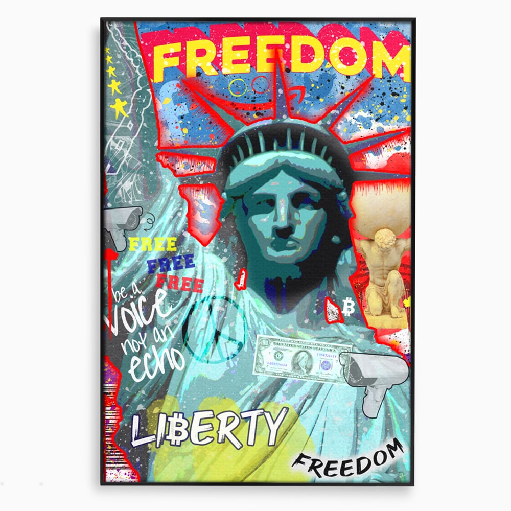 Tablou canvas cu tablou canvas cu statuia libertatii si graffiti, in rama de aluminiu negru
