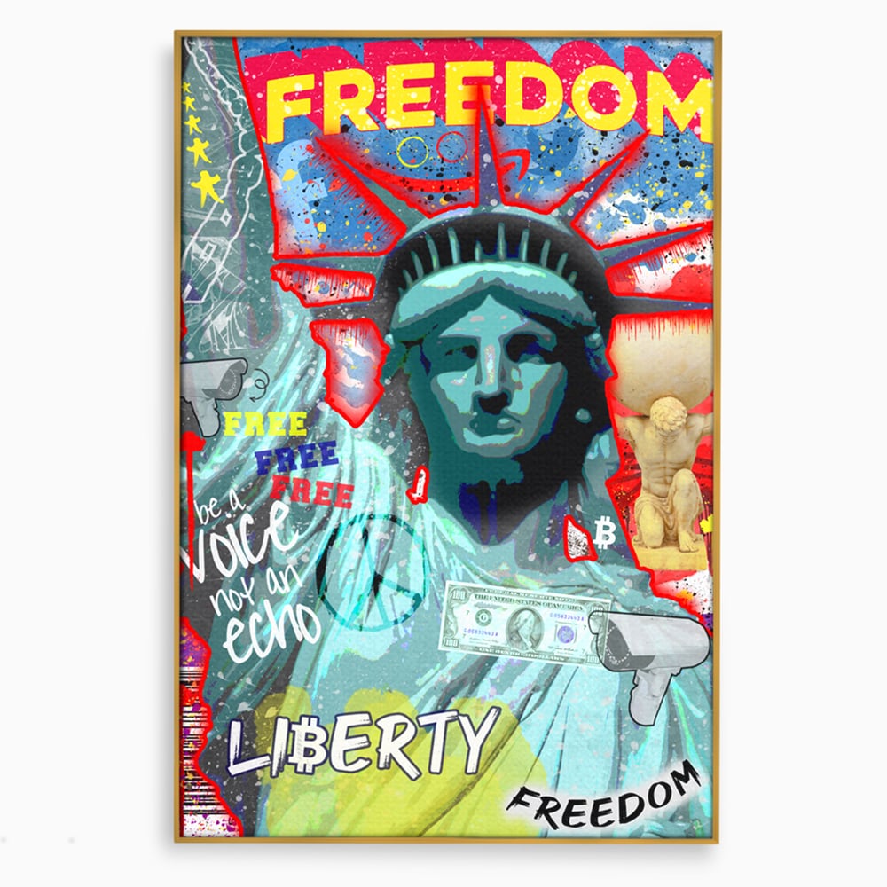 Tablou canvas cu tablou canvas cu statuia libertatii si graffiti, in rama de aluminiu auriu