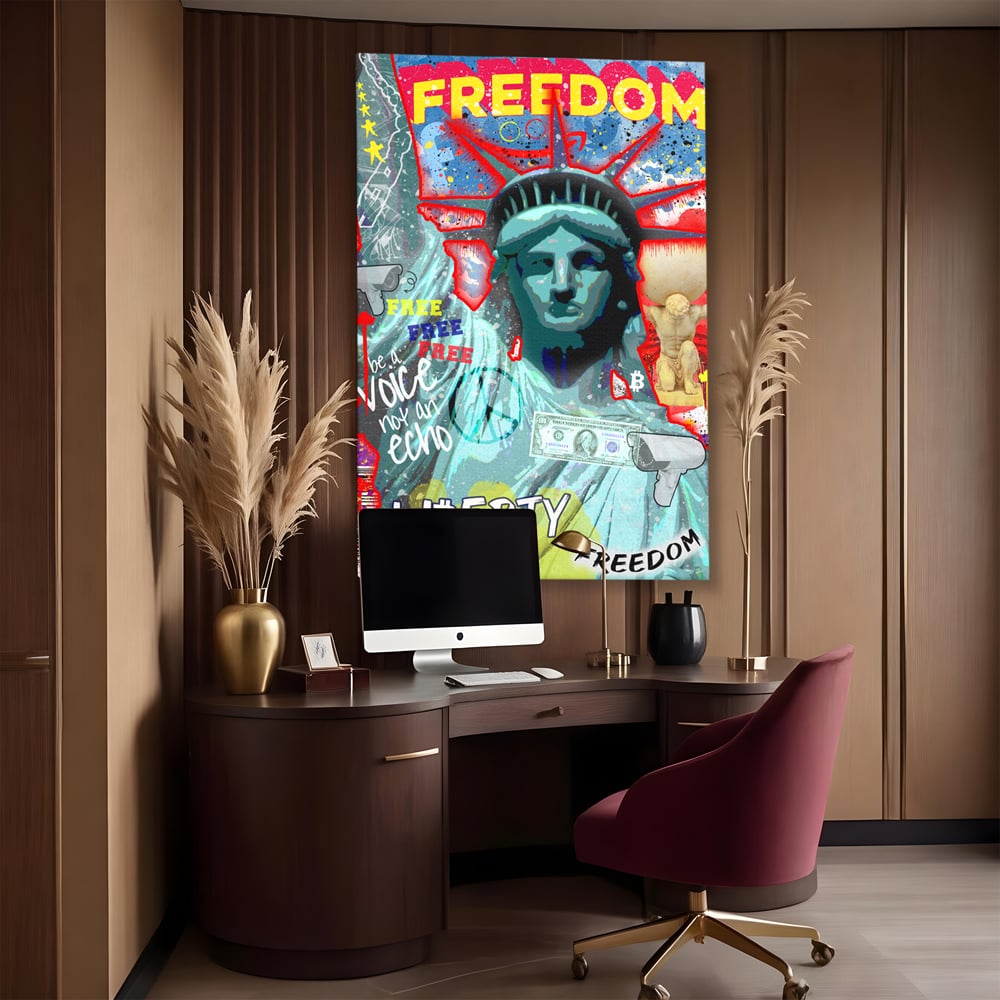 Tablou canvas cu tablou canvas cu statuia libertatii si graffiti, fara rama, pe sasiu de lemn, pe perete intr-un birou