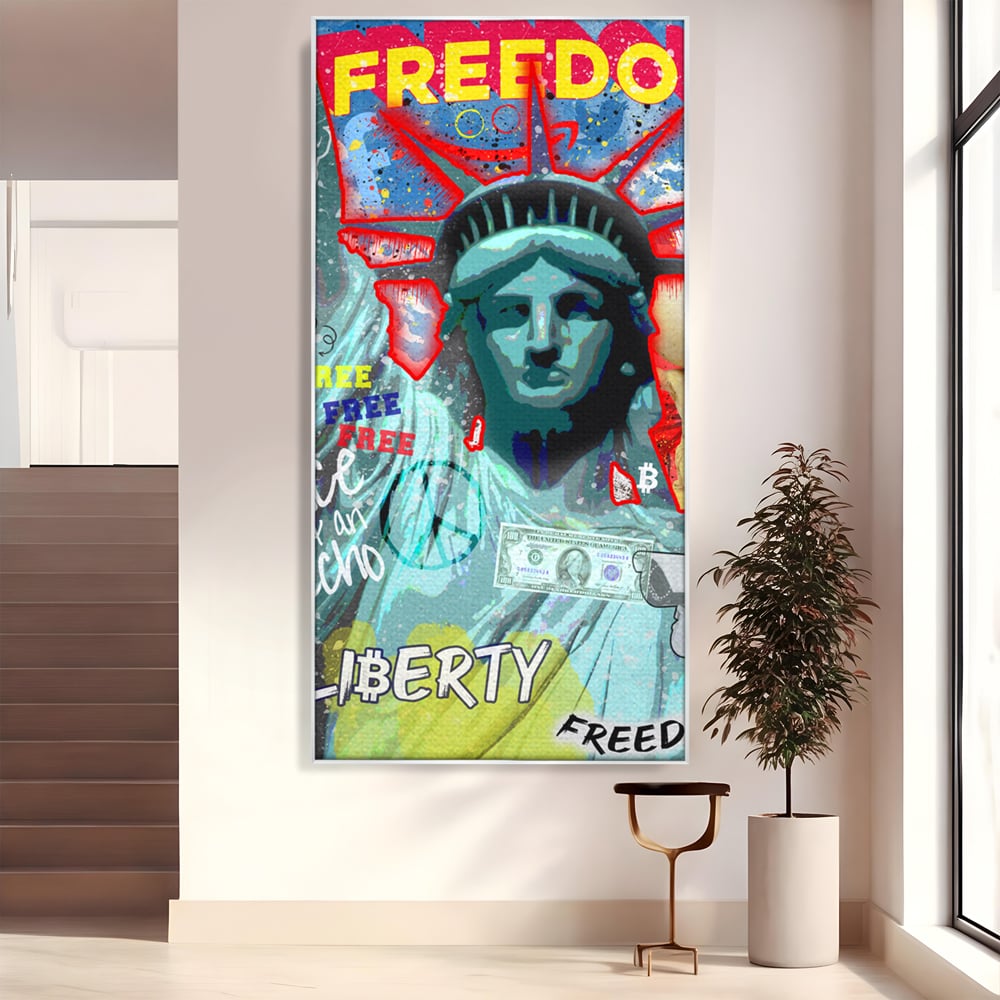 Tablou canvas cu tablou canvas cu statuia libertatii si graffiti, in rama de aluminiu argintiu