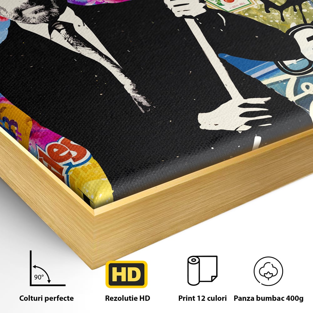Detaliu al suprafetei: tablou canvas cu portretul lui steve jobs, in rama de aluminiu auriu