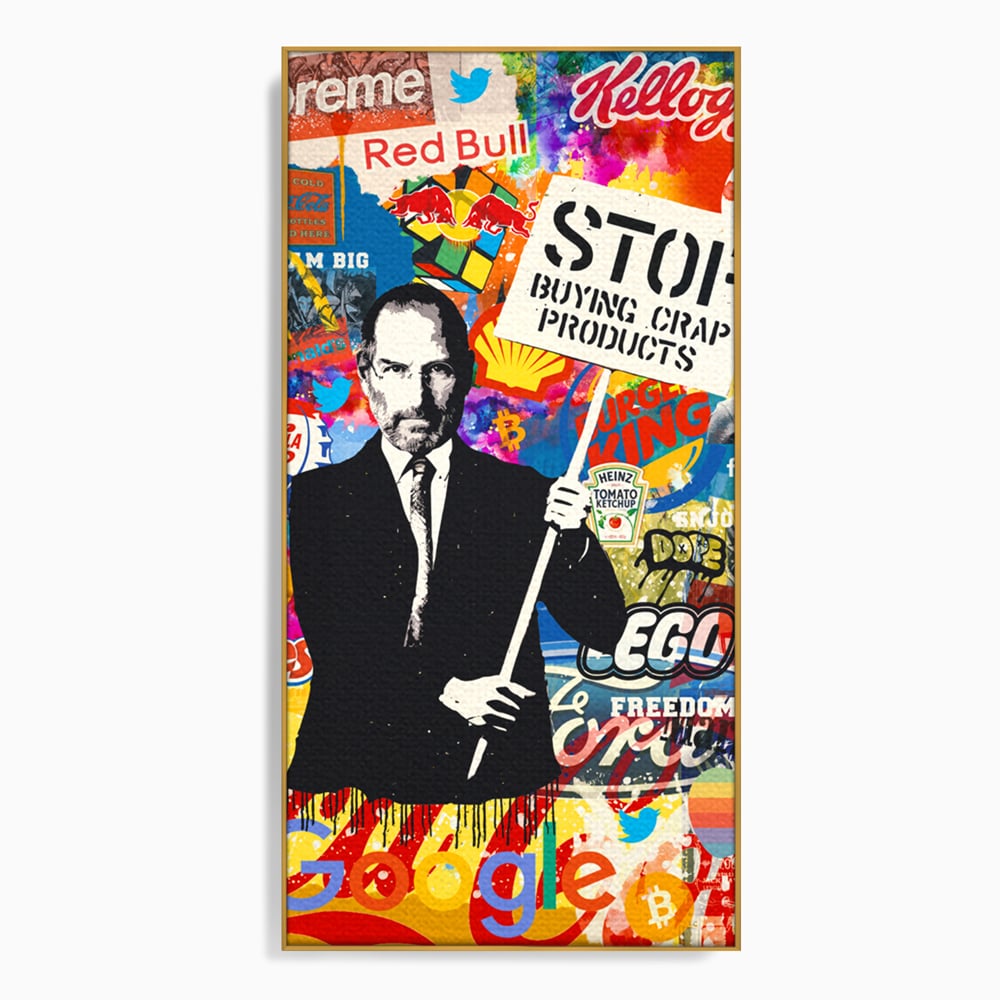 Tablou canvas cu tablou canvas cu portretul lui steve jobs, in rama de aluminiu auriu