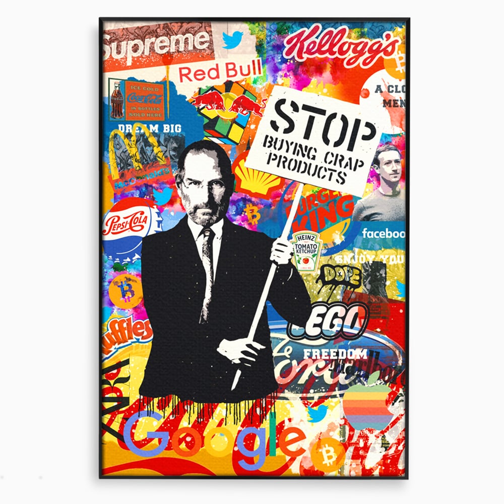 Tablou canvas cu tablou canvas cu portretul lui steve jobs, in rama de aluminiu negru
