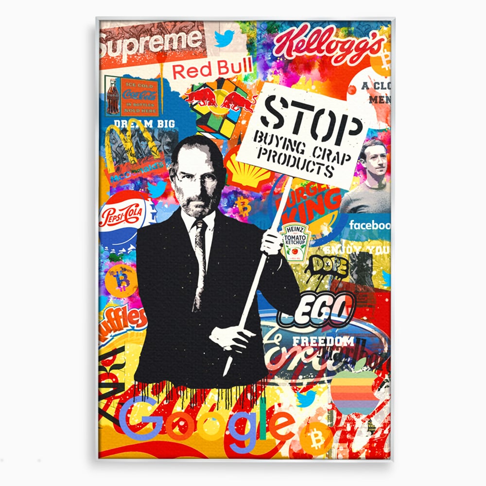 Tablou canvas cu tablou canvas cu portretul lui steve jobs, in rama de aluminiu argintiu