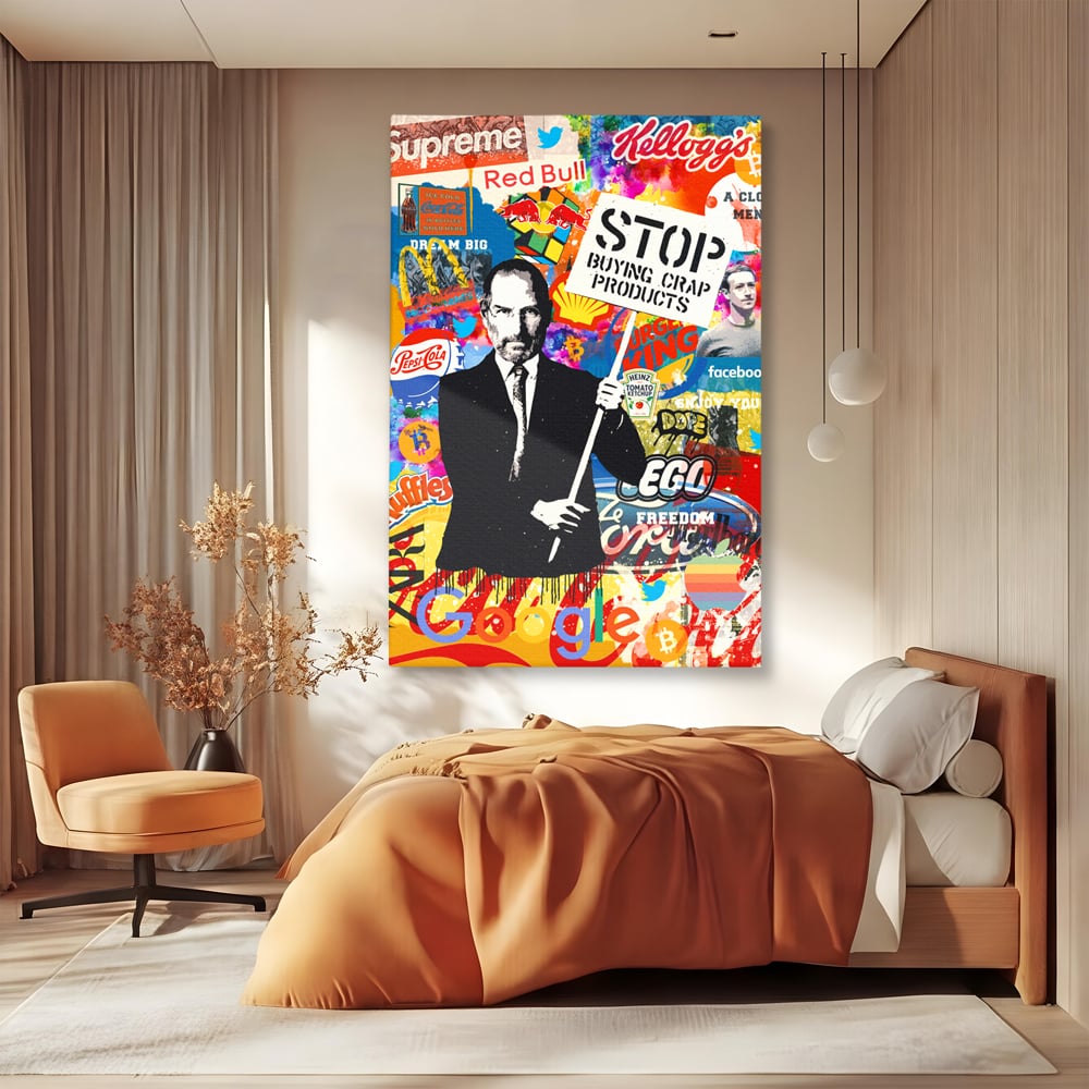 Tablou canvas cu tablou canvas cu portretul lui steve jobs, fara rama, pe sasiu de lemn, pe perete intr-un dormitor