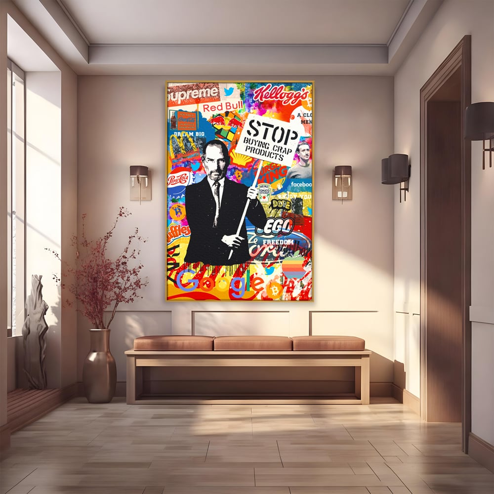 Tablou canvas cu tablou canvas cu portretul lui steve jobs, in rama de aluminiu auriu
