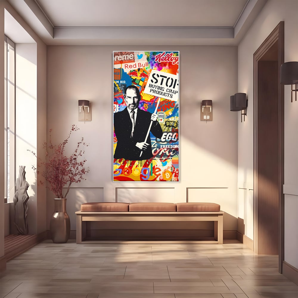 Tablou canvas cu tablou canvas cu portretul lui steve jobs, in rama de aluminiu argintiu