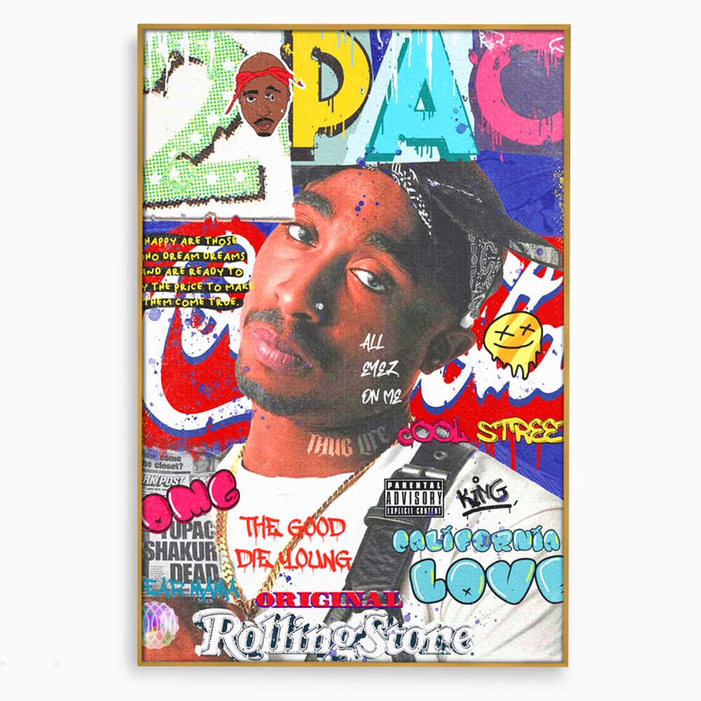 Tablou canvas cu tablou canvas cu portret tupac shakur, in rama de aluminiu auriu