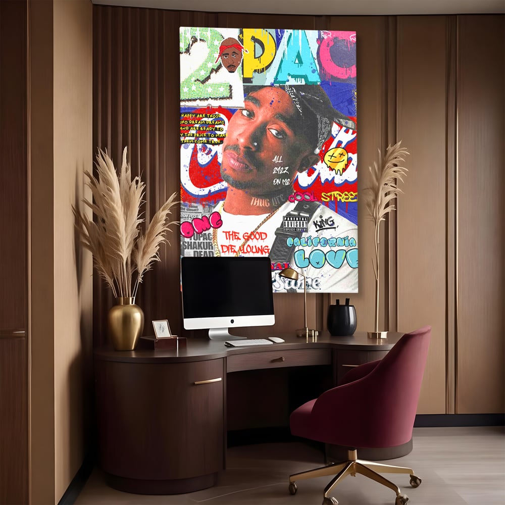 Tablou canvas cu tablou canvas cu portret tupac shakur, fara rama, pe sasiu de lemn, pe perete intr-un birou